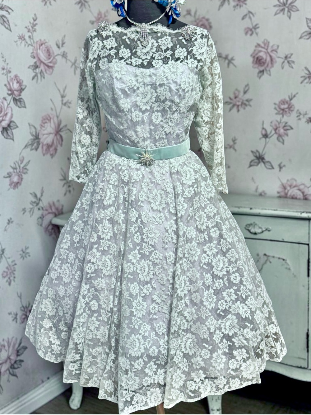 Vintage 50’s ice blue floral lace cupcake prom wedding party dress